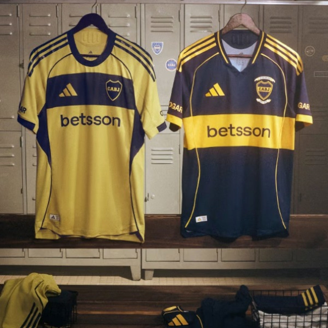 Camisetas Boca Juniors 2026 local y visitante en vestuario, colores azul y amarillo, tienda Reino del Futbol
