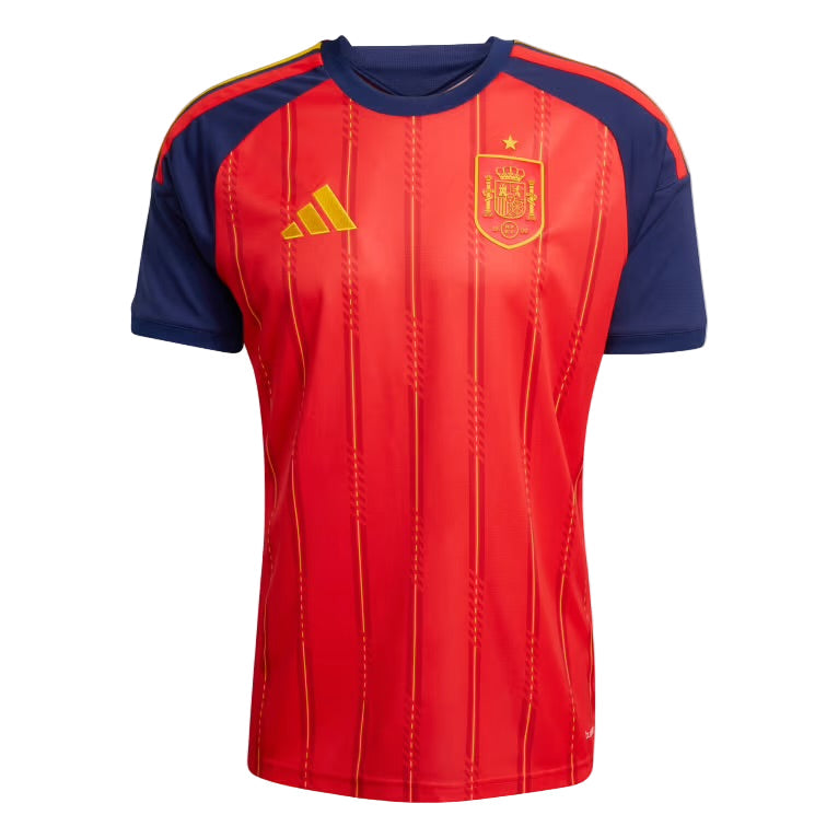 Spain national soccer team red and blue jersey with crest and yellow adidas logo