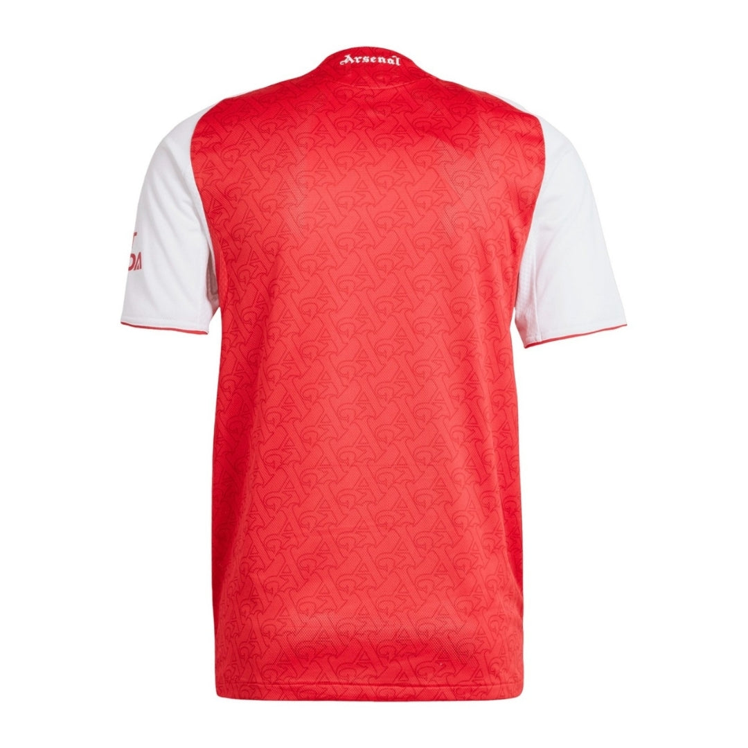 Camiseta Arsenal local 2025-2026 roja con mangas blancas y patrón, vista trasera