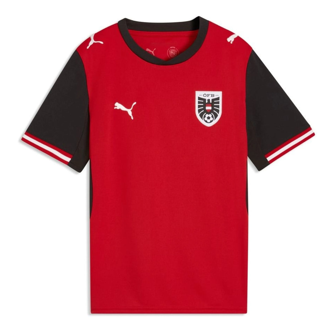 Camiseta Austria niño roja y negra con logo Puma y escudo fútbol, Reino del Futbol