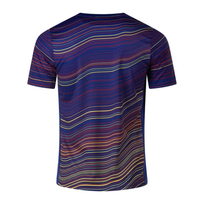 Camiseta de fútbol azul con líneas onduladas multicolores, vista trasera, Reino del Futbol