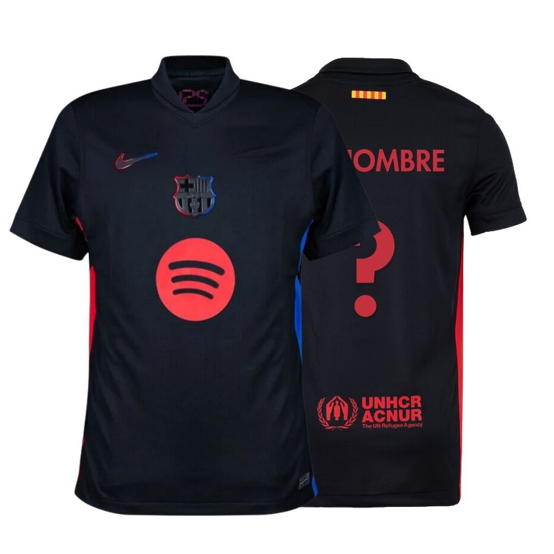 Camiseta negra Barcelona 2023 con logos de Spotify, UNHCR, escudo Barça y detalles azulgranas