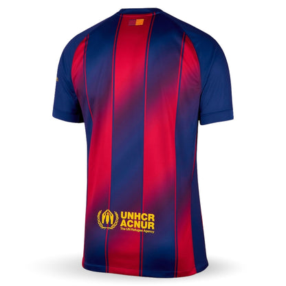 Camiseta de fútbol azulgrana con logo UNHCR en la espalda, estilo Barcelona, Reino del Futbol