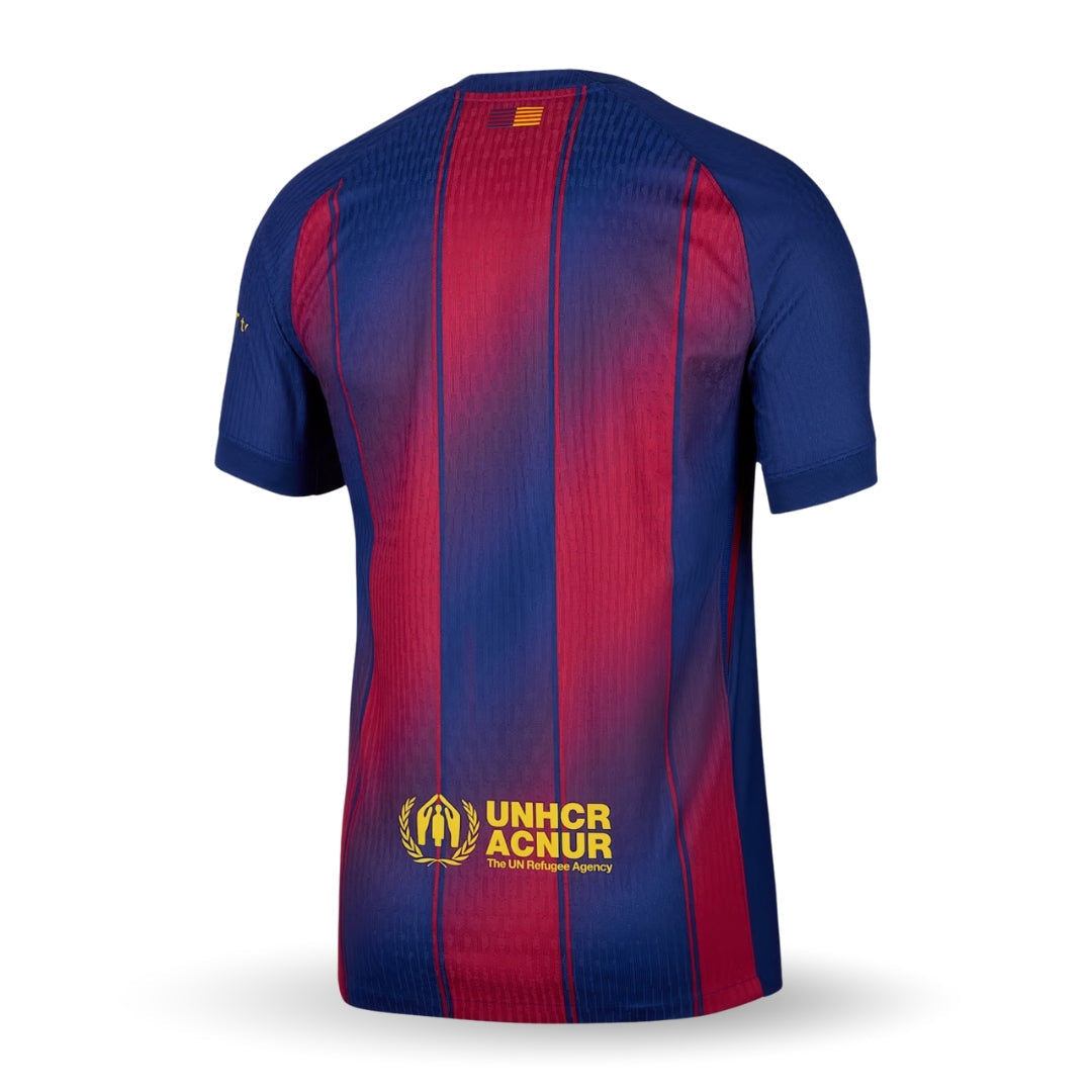 Camiseta FC Barcelona 2023-2024 versión jugador, rayas azulgranas, logo UNHCR ACNUR.