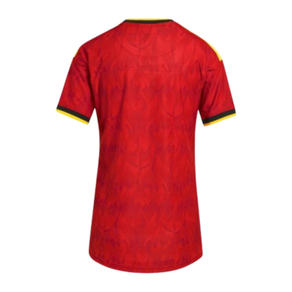 Camiseta de local selección femenina Bélgica 2024 roja, vista trasera, detalles en amarillo y negro
