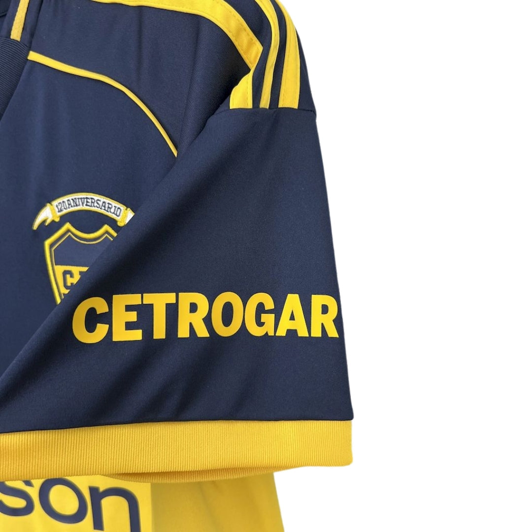 Camiseta Boca Juniors 120 aniversario azul y amarilla con logotipo y patrocinador CETROGAR