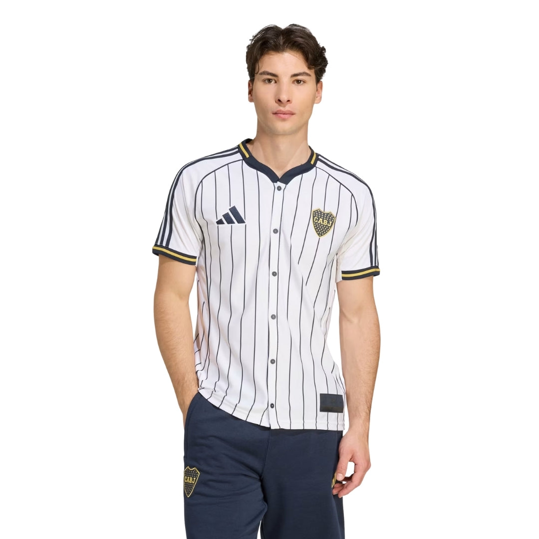 Camiseta de fútbol Boca Juniors 2026 blanca con rayas, modelo exclusivo Reino del Futbol