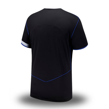 Camiseta de fútbol negra con detalles azules, vista trasera, Reino del Futbol