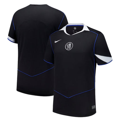 Camiseta negra Chelsea FC tercera equipación 2024, Nike, detalles azules y blancos, Reino del Futbol