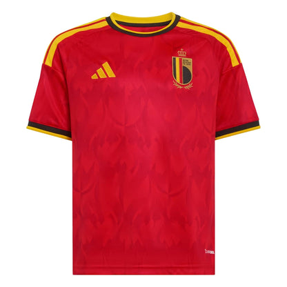 Camiseta infantil primera equipación Bélgica 2026, roja con detalles amarillos, Reino del Futbol.