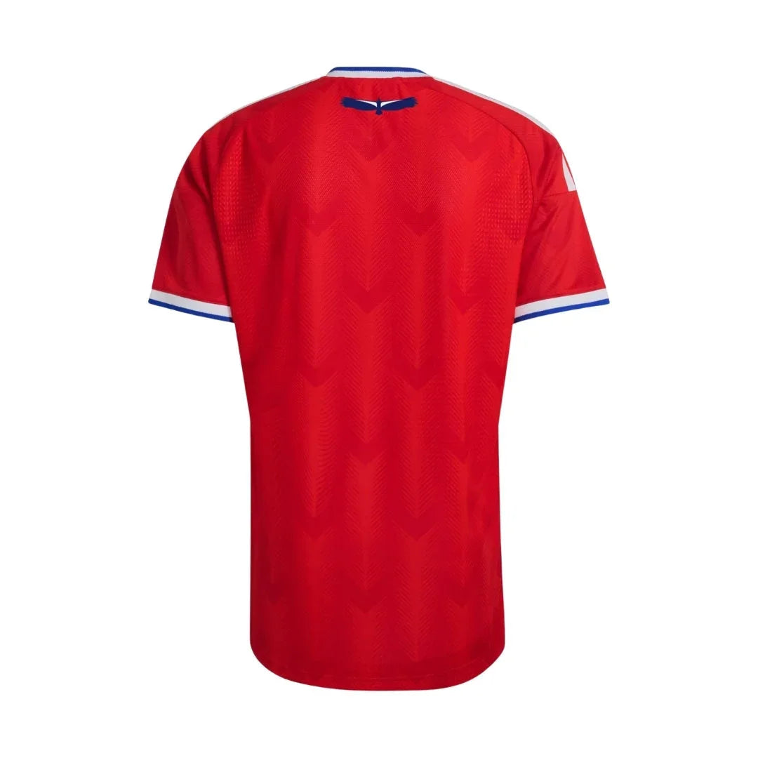 Camiseta Chile local 2024 roja, detalles azules y blancos, vista trasera, Reino del Futbol