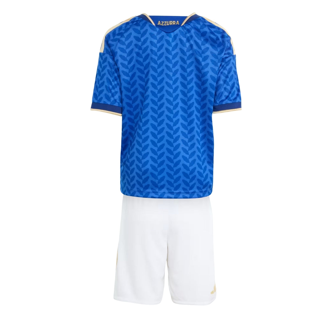 Uniforme infantil de futbol Italia, camiseta azul con patrón y shorts blancos, Reino del Futbol