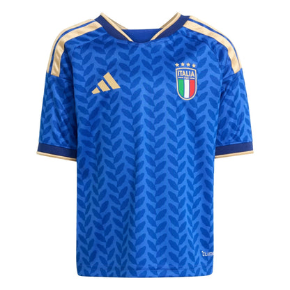 Camiseta de futbol niño Italia 2024 azul con escudo y detalles dorados, Reino del Futbol