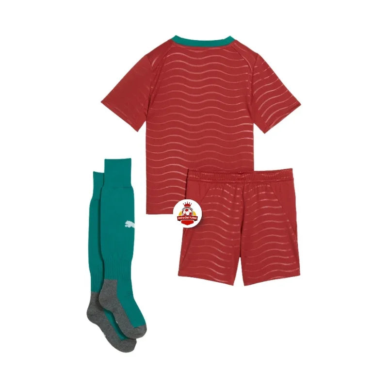 Conjunto de uniforme de fútbol infantil rojo y verde con camiseta, short y medias, Reino del Futbol