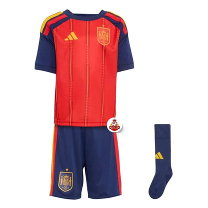 Conjunto uniforme de fútbol España niños, camiseta roja, pantalón azul y calceta, Reino del Futbol