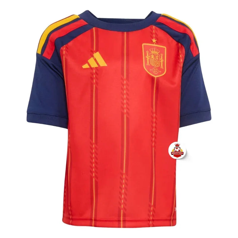 Camiseta fútbol España roja y azul con escudo y detalles amarillos, Reino del Futbol