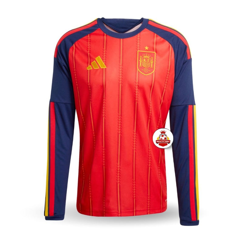 Camiseta España fútbol manga larga roja y azul, escudo y logo amarillo, Reino del Futbol
