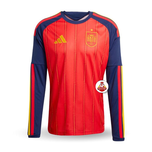 Camiseta España fútbol manga larga roja y azul, escudo y logo amarillo, Reino del Futbol