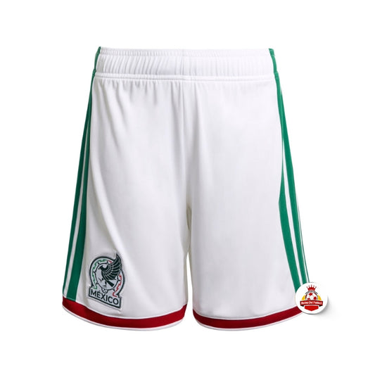 Shorts de fútbol México blancos con franjas verdes y escudo, Reino del Futbol
