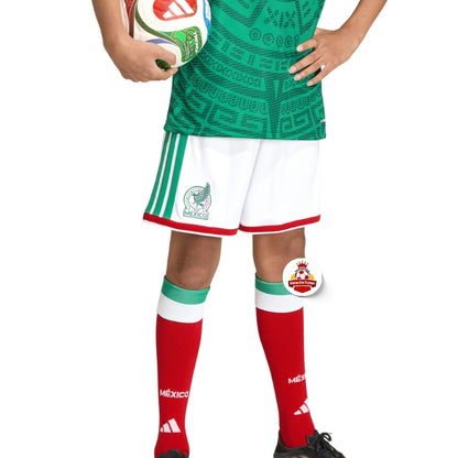 Uniforme selección México niño con balón, camiseta verde, logo Reino del Futbol
