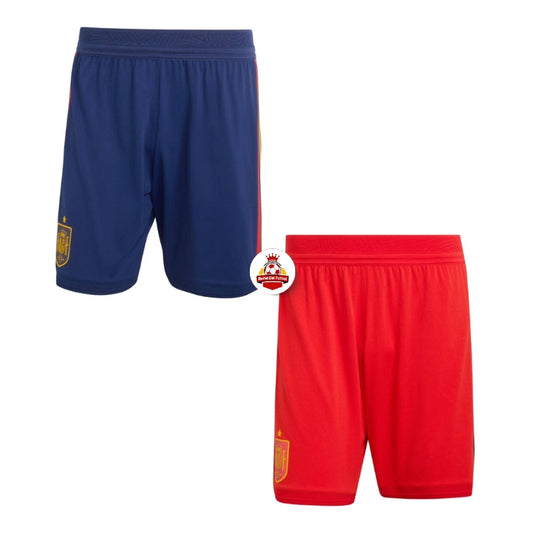 Shorts de fútbol España azul y rojo con escudo, tienda Reino del Futbol