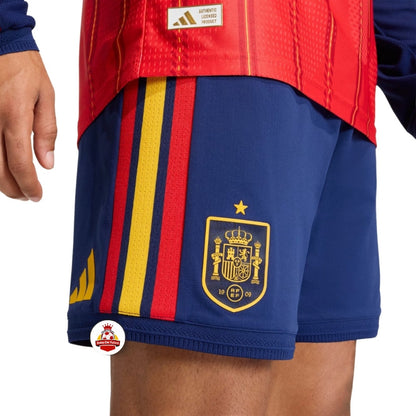 Pantalón corto selección España azul con escudo y franjas roja y amarilla, Reino del Futbol