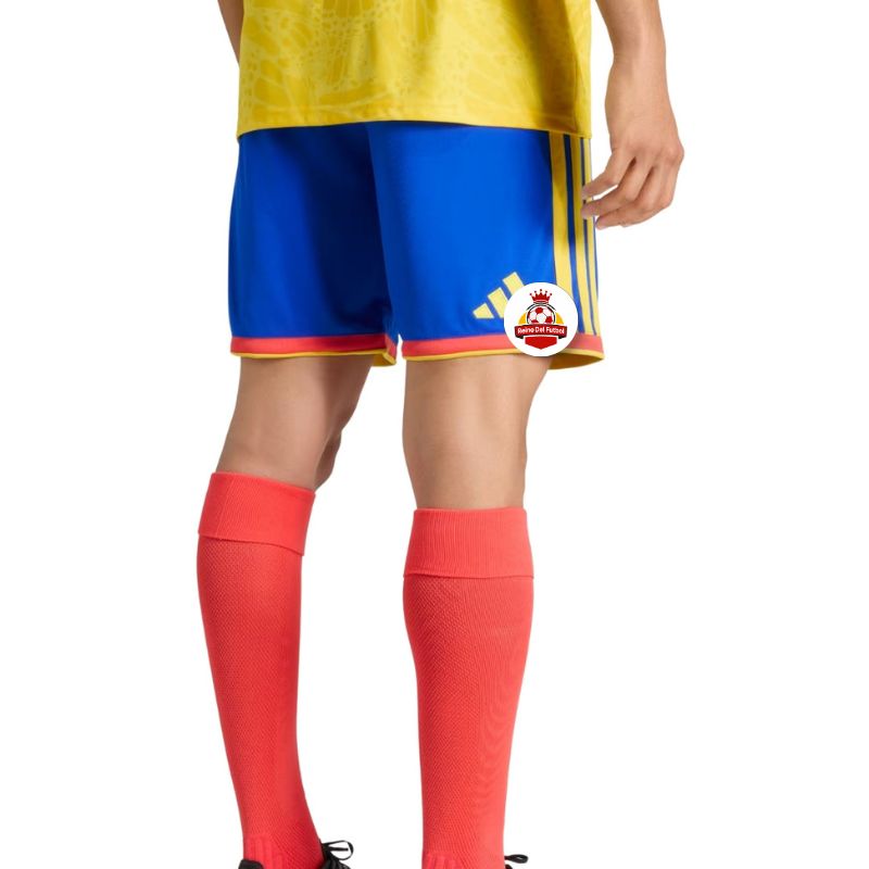 Uniforme de fútbol azul y amarillo con medias rojas, logo de Reino del Futbol en pantalón