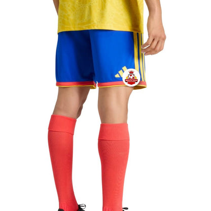 Uniforme de fútbol azul y amarillo con medias rojas, logo de Reino del Futbol en pantalón