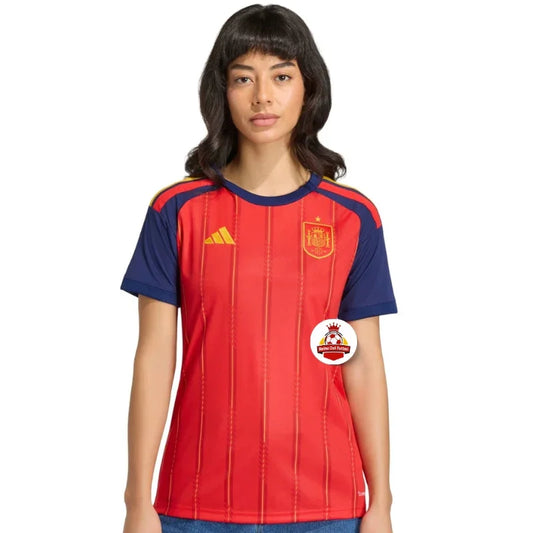 Camiseta oficial España mujer, roja y azul, escudo y logo Adidas, Reino del Futbol