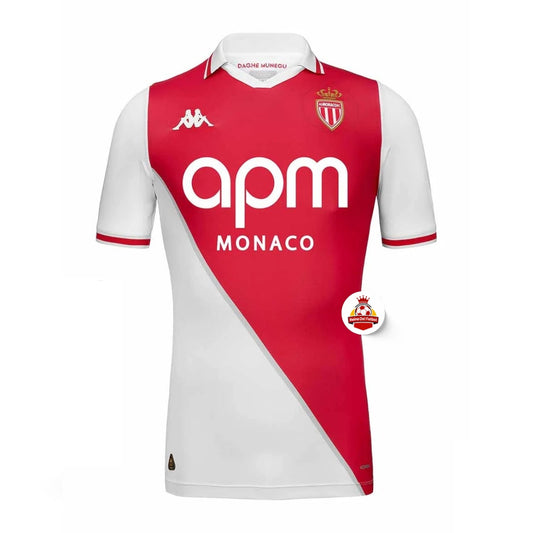 Camiseta de fútbol europea AS Monaco roja y blanca, logo apm, diseño exclusivo Reino del Futbol