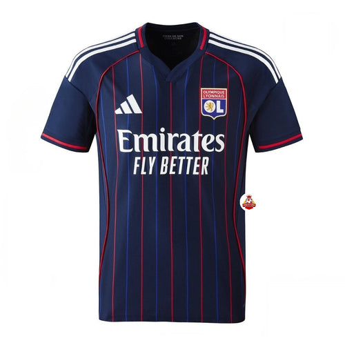 Camiseta Olympique de Lyon azul marino con rayas rojas, Adidas, a la venta en Reino del Futbol.