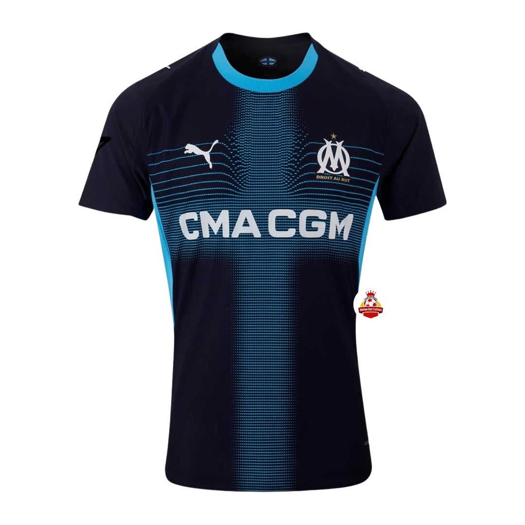 Camiseta oficial Olympique de Marsella azul marino, logo Puma y patrocinador CMA CGM, Reino del Futbol
