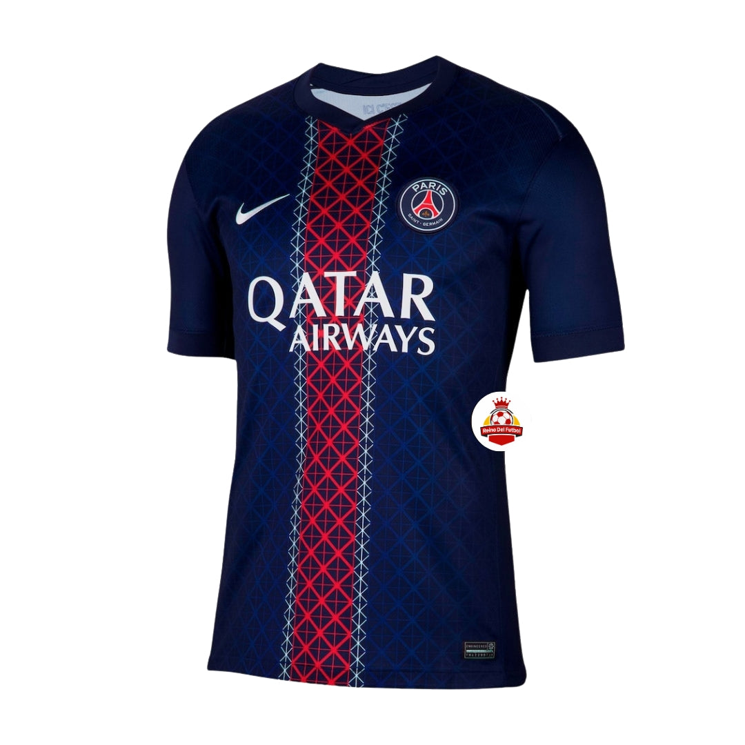 Camiseta PSG azul marino con detalles rojos y patrocinio Qatar Airways, venta Reino del Futbol