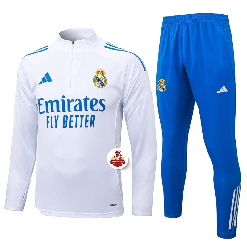 Chándal Real Madrid blanco y azul, escudo y logo Emirates, Reino del Futbol