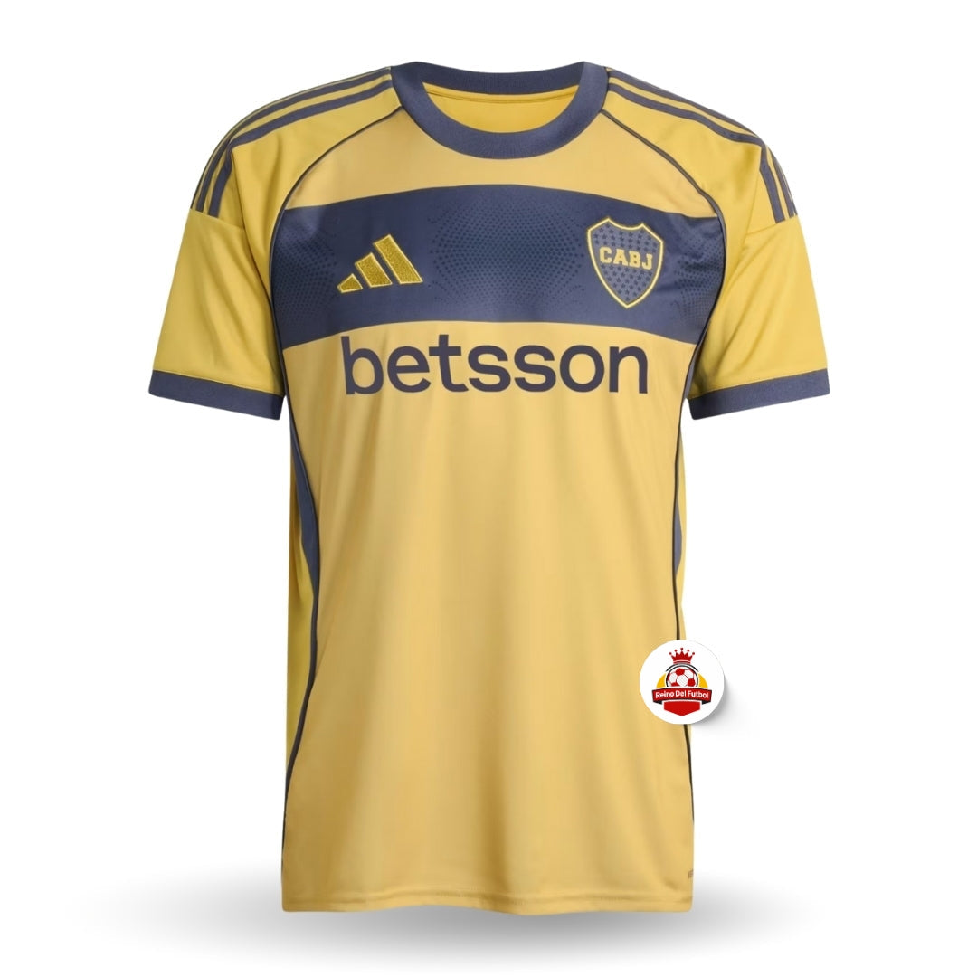 Camiseta de fútbol europeo amarilla y azul CABJ con logo de Reino del Futbol en fondo blanco