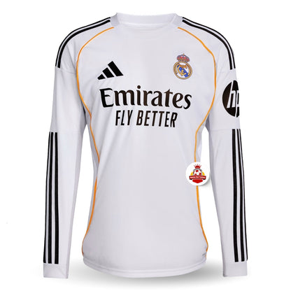 Camiseta blanca de fútbol Real Madrid manga larga, escudo, sponsor Emirates, Reino del Futbol