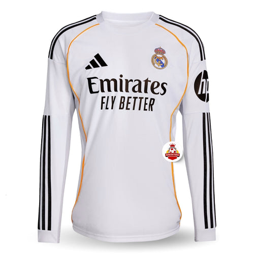 Camiseta blanca de fútbol Real Madrid manga larga, escudo, sponsor Emirates, Reino del Futbol