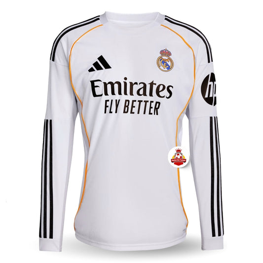 Camiseta blanca de fútbol Real Madrid manga larga, escudo, sponsor Emirates, Reino del Futbol