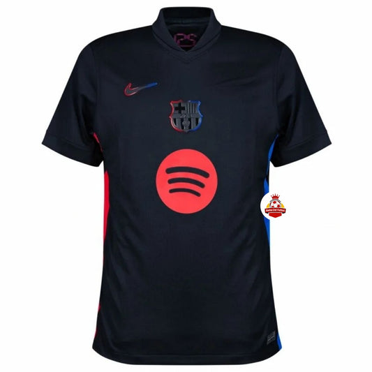 Camiseta negra de fútbol con logotipo de Spotify, escudo del Barça y detalles rojos, Reino del Futbol