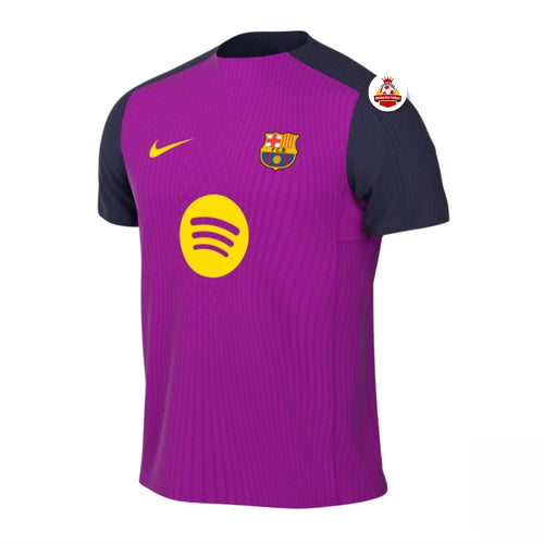 Camiseta de fútbol Barcelona morada con logos de Nike, FC Barcelona y Spotify, Reino del Futbol