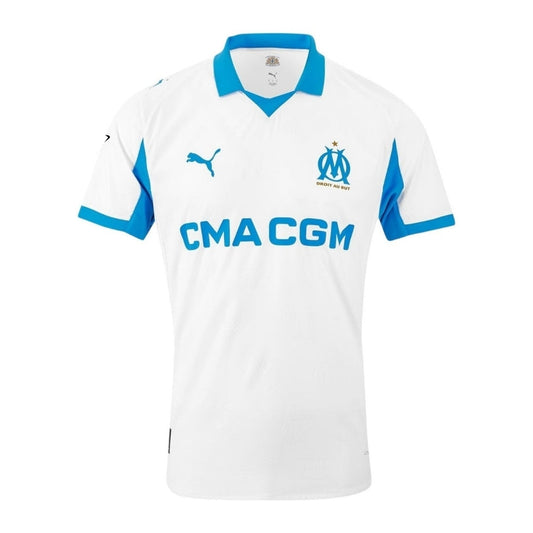 Camiseta blanca oficial del Olympique de Marsella, detalles azul celeste, tienda Reino del Futbol