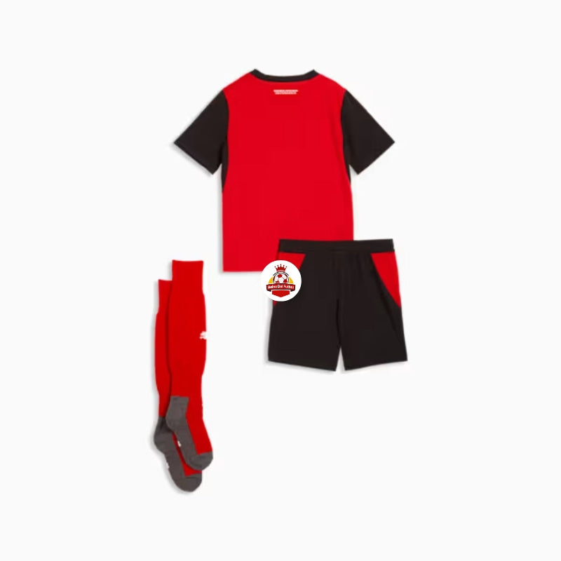 Conjunto de fútbol infantil rojo y negro con camiseta, shorts y medias, Reino del Futbol