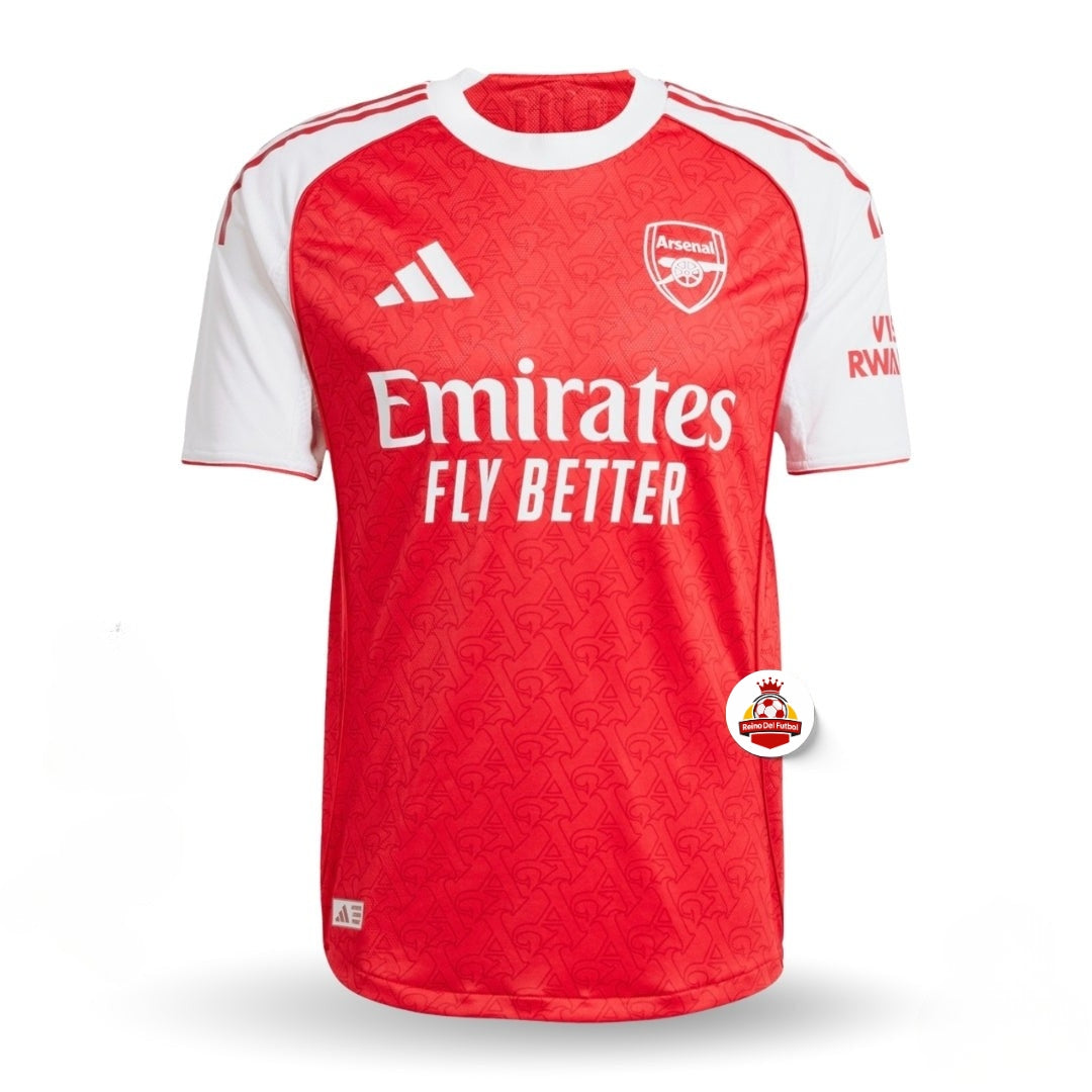 Camiseta Arsenal 2024 local, roja con blanco, logo Adidas y escudo, Reino del Futbol