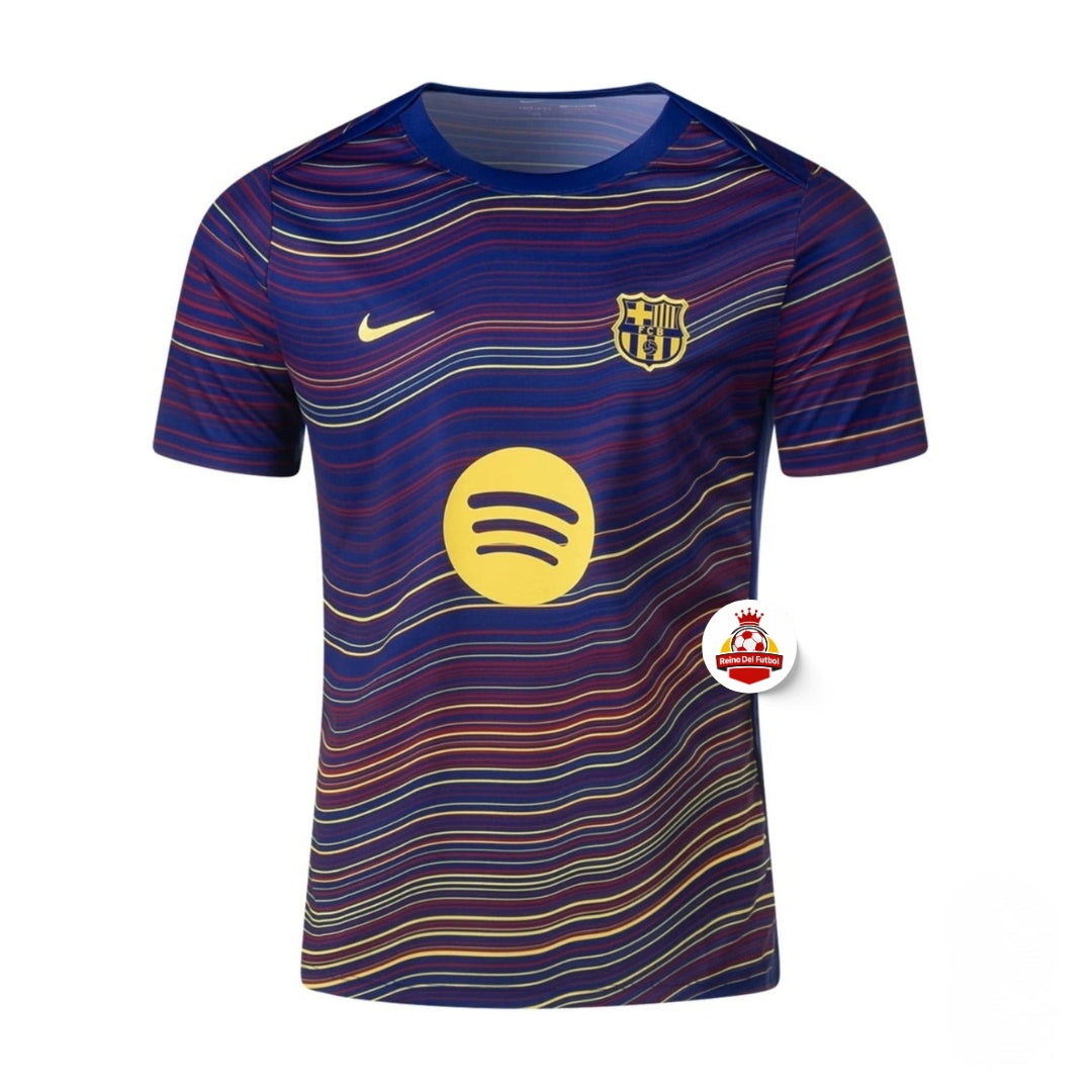 Camiseta de fútbol Barcelona 2024 diseño ondulado azul y rojo con logos Nike, Spotify y escudo, Reino del Futbol