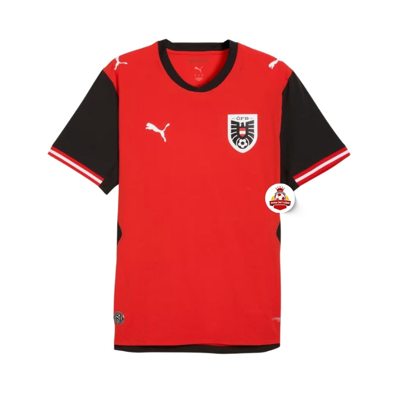 Camiseta de fútbol Austria roja con negro, logo Puma, escudo de la selección, Reino del Futbol