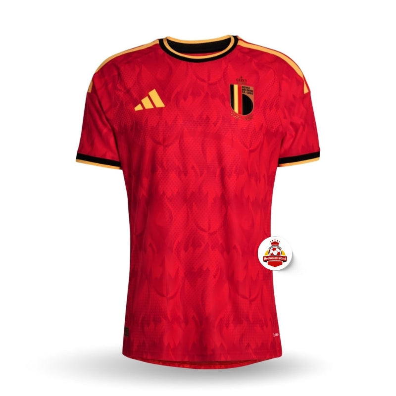 Camiseta de fútbol Bélgica 2024 roja con detalles negros y amarillos, Reino del Futbol