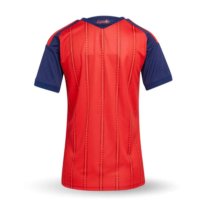Camiseta fútbol España mujer roja y azul, vista trasera, Reino del Futbol