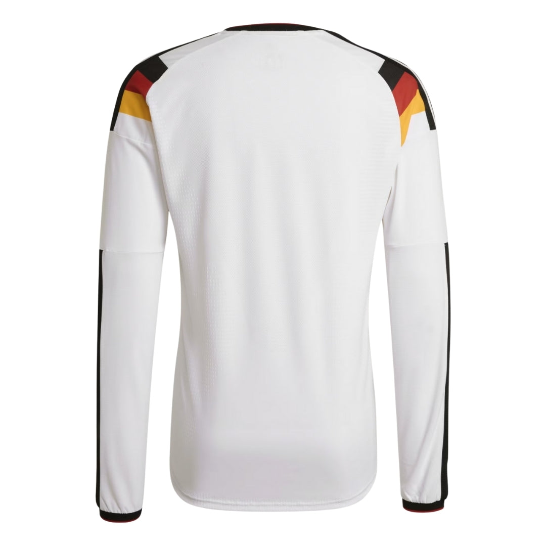 Camiseta de fútbol Alemania local manga larga blanca con detalles negros, rojos y dorados, Reino del Futbol