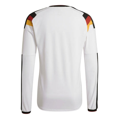 Camiseta de fútbol Alemania local manga larga blanca con detalles negros, rojos y dorados, Reino del Futbol