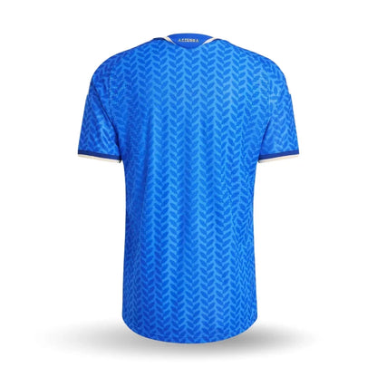 Camiseta Italia 2026 local azul con patrón de hojas, vista trasera, Reino del Futbol